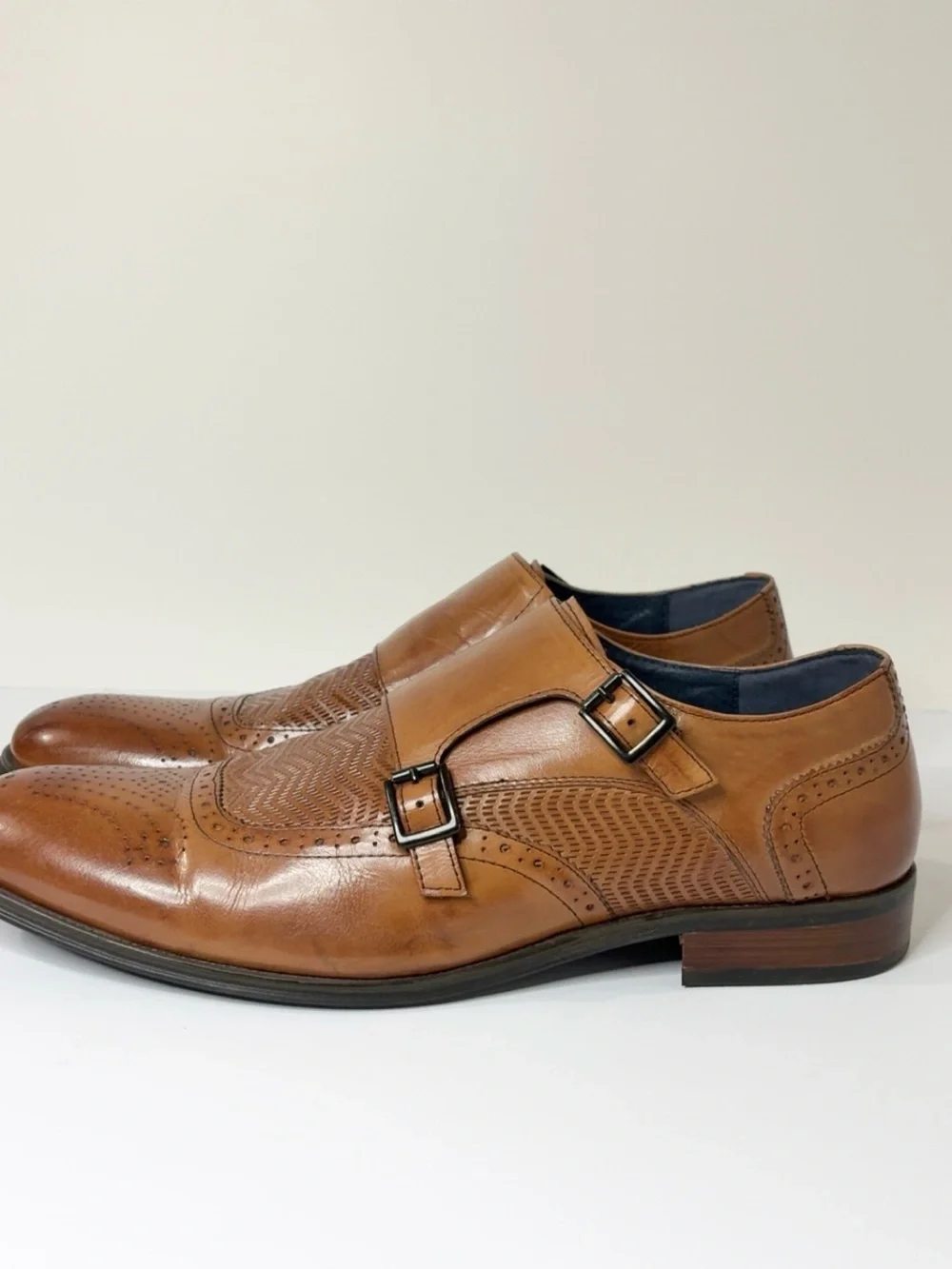 Stacy Adams Memory Foam Tan Double Monk Strap Brogue Dress Shoes Size 12M
